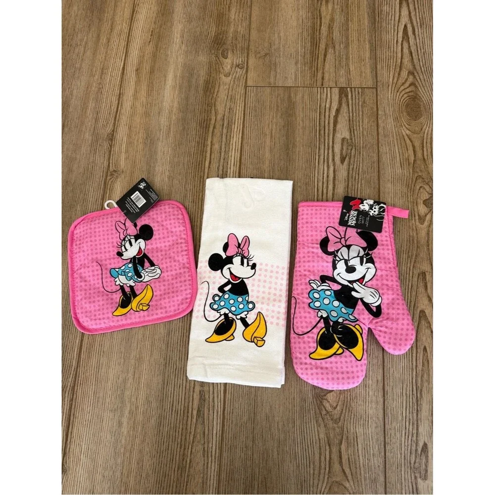 Disney Minnie Mouse Pink & White Oven Mitt, Pot Holder and Towel Set